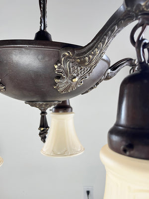 Antique Circa 1920 Five Light Edwardian Pan Fixture with Cast Acanthus and Lattice Arms