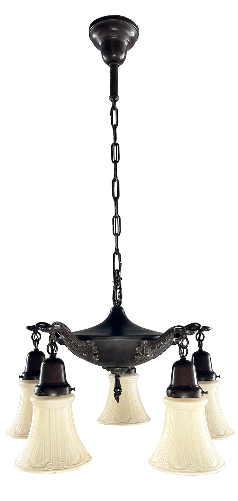 Antique Circa 1920 Five Light Edwardian Pan Fixture with Cast Acanthus and Lattice Arms