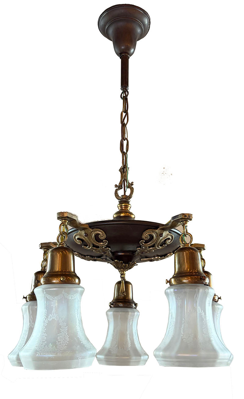Antique Circa 1920 Five Light Pan with Bronze and Brass Finish, Cast Open Work Arms and Antique Acid Etched Shades