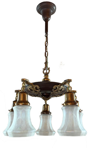 Antique Circa 1920 Five Light Pan with Bronze and Brass Finish, Cast Open Work Arms and Antique Acid Etched Shades