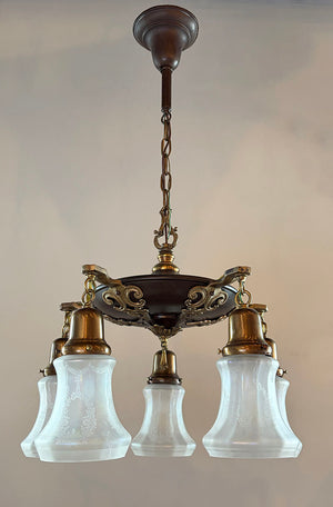 Antique Circa 1920 Five Light Pan with Bronze and Brass Finish, Cast Open Work Arms and Antique Acid Etched Shades