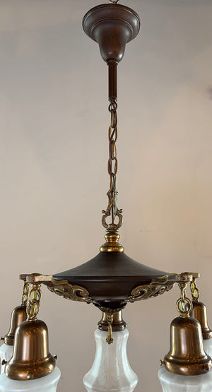 Antique Circa 1920 Five Light Pan with Bronze and Brass Finish, Cast Open Work Arms and Antique Acid Etched Shades
