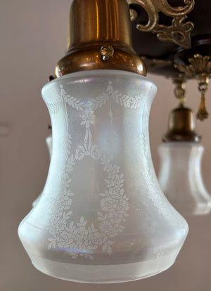 Antique Circa 1920 Five Light Pan with Bronze and Brass Finish, Cast Open Work Arms and Antique Acid Etched Shades