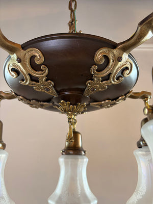 Antique Circa 1920 Five Light Pan with Bronze and Brass Finish, Cast Open Work Arms and Antique Acid Etched Shades