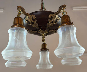 Antique Circa 1920 Five Light Pan with Bronze and Brass Finish, Cast Open Work Arms and Antique Acid Etched Shades