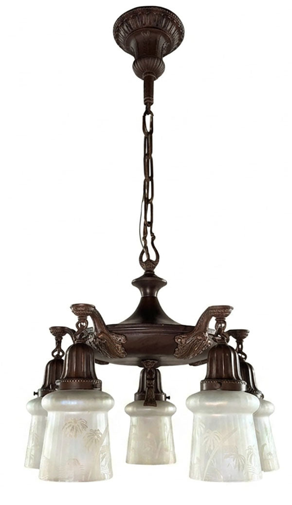 Antique Circa 1920 Five Light Pan with Cast Acanthus Arms and Antique Iridescent Sunset Motif Shades