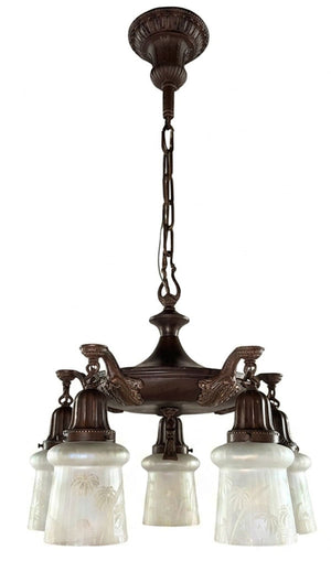 Antique Circa 1920 Five Light Pan with Cast Acanthus Arms and Antique Iridescent Sunset Motif Shades