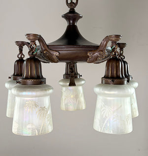 Antique Circa 1920 Five Light Pan with Cast Acanthus Arms and Antique Iridescent Sunset Motif Shades