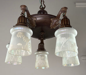 Antique Circa 1920 Five Light Pan with Cast Acanthus Arms and Antique Iridescent Sunset Motif Shades