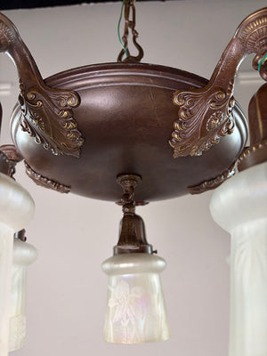 Antique Circa 1920 Five Light Pan with Cast Acanthus Arms and Antique Iridescent Sunset Motif Shades