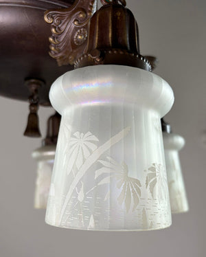 Antique Circa 1920 Five Light Pan with Cast Acanthus Arms and Antique Iridescent Sunset Motif Shades