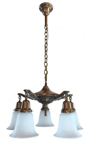 Antique Circa 1920 Five Light Pan with Stepped Center Body and Cast Scroll Arms