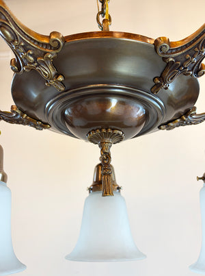 Antique Circa 1920 Five Light Pan with Stepped Center Body and Cast Scroll Arms