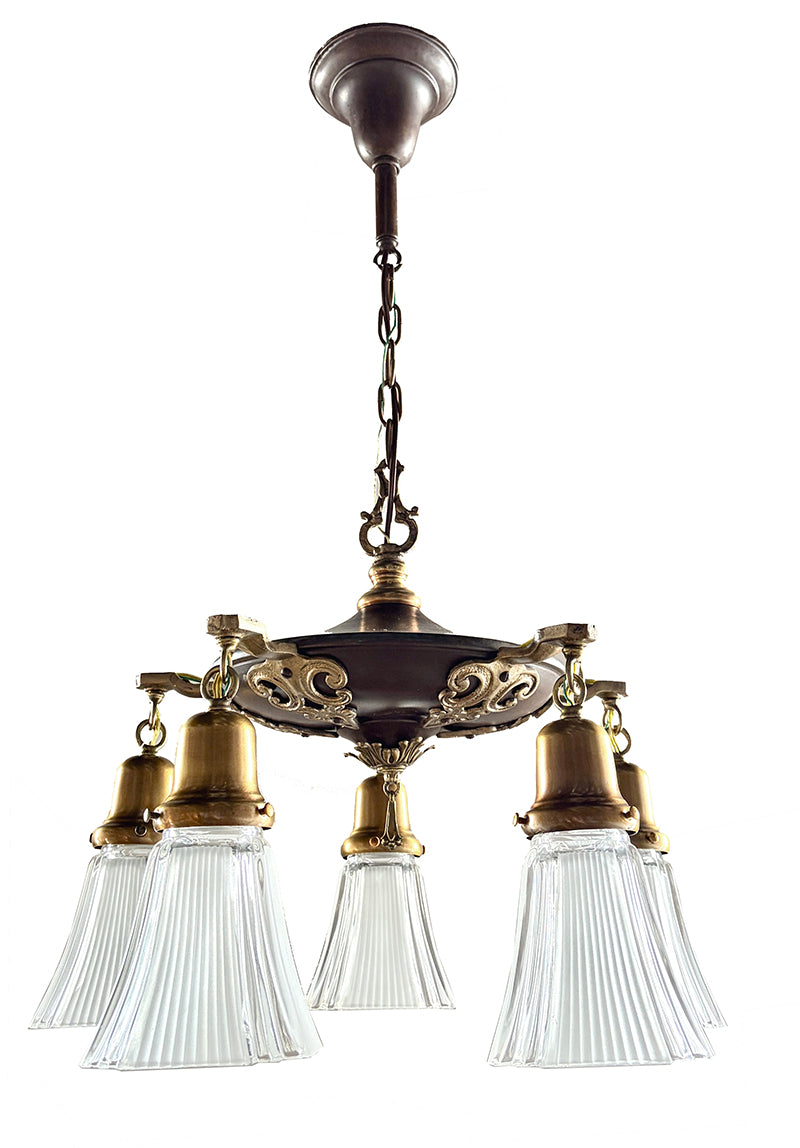 Antique Circa 1920 Five Light Pan with Bronze and Brass Finish and Cast Open Work Arms