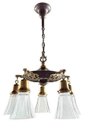 Antique Circa 1920 Five Light Pan with Bronze and Brass Finish and Cast Open Work Arms