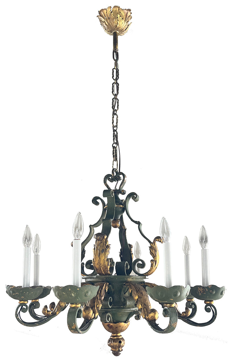 Grand 30" Diameter Antique 1920s Antique Italian 8 Light Chandelier with Gold Acanthus Details and Original Finish