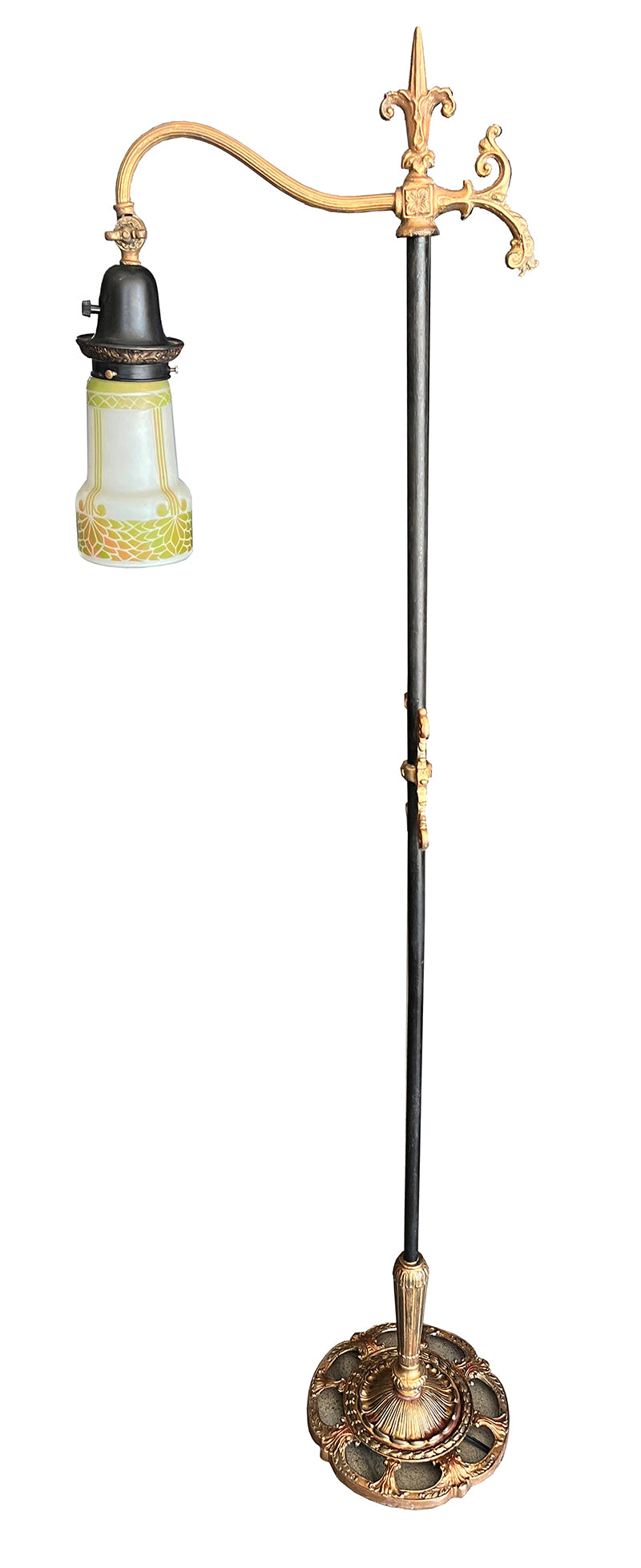 Antique CIrca 1920 Polychrome Painted Bridge Arm Lamp with Reverse Etched Art Glass Shade