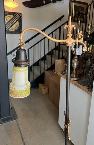 Antique CIrca 1920 Polychrome Painted Bridge Arm Lamp with Reverse Etched Art Glass Shade