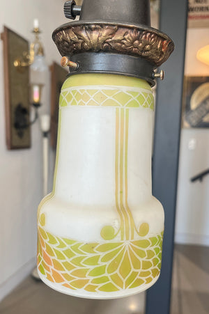 Antique CIrca 1920 Polychrome Painted Bridge Arm Lamp with Reverse Etched Art Glass Shade