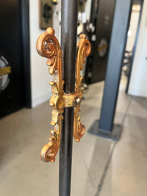 Antique CIrca 1920 Polychrome Painted Bridge Arm Lamp with Reverse Etched Art Glass Shade