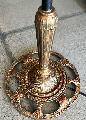 Antique CIrca 1920 Polychrome Painted Bridge Arm Lamp with Reverse Etched Art Glass Shade