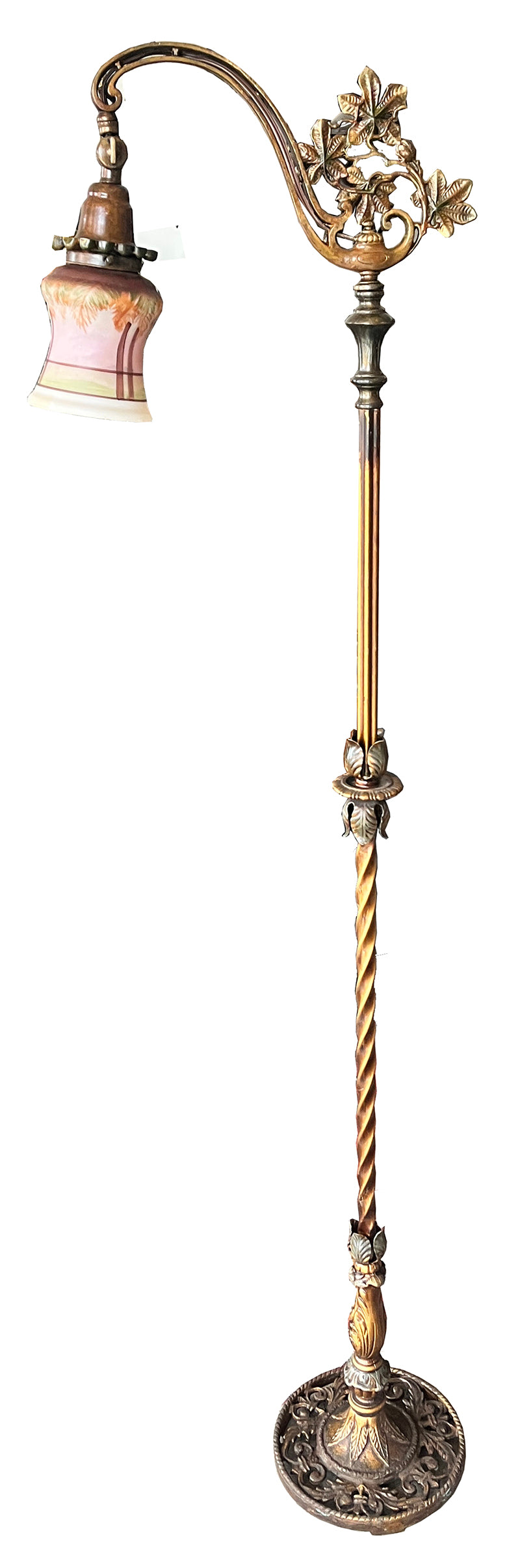 Antique CIrca 1920 Polychrome Painted Bridge Arm Lamp with Nouveau Floral Arm and Reverse Painted Shade