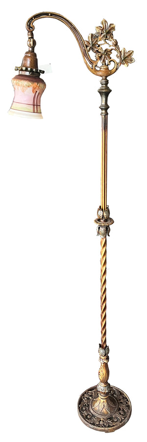 Antique CIrca 1920 Polychrome Painted Bridge Arm Lamp with Nouveau Floral Arm and Reverse Painted Shade