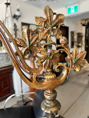 Antique CIrca 1920 Polychrome Painted Bridge Arm Lamp with Nouveau Floral Arm and Reverse Painted Shade