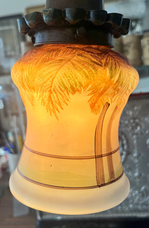 Antique CIrca 1920 Polychrome Painted Bridge Arm Lamp with Nouveau Floral Arm and Reverse Painted Shade