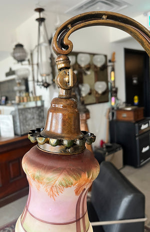 Antique CIrca 1920 Polychrome Painted Bridge Arm Lamp with Nouveau Floral Arm and Reverse Painted Shade