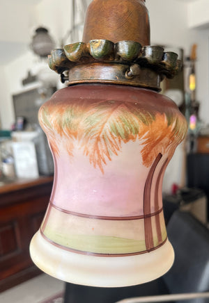 Antique CIrca 1920 Polychrome Painted Bridge Arm Lamp with Nouveau Floral Arm and Reverse Painted Shade
