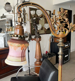 Antique CIrca 1920 Polychrome Painted Bridge Arm Lamp with Nouveau Floral Arm and Reverse Painted Shade