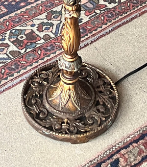 Antique CIrca 1920 Polychrome Painted Bridge Arm Lamp with Nouveau Floral Arm and Reverse Painted Shade