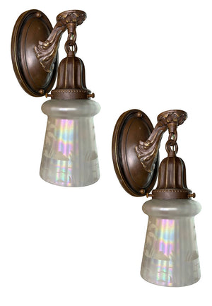$750 PAIR - SET OF 4 SCONCES AVAILABLE - Circa 1920 Cast Acanthus Arm Oval Back Sconces with Original Iridescent Etched Shades