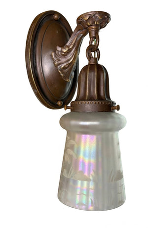 $750 PAIR - SET OF 4 SCONCES AVAILABLE - Circa 1920 Cast Acanthus Arm Oval Back Sconces with Original Iridescent Etched Shades
