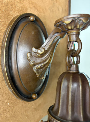 $750 PAIR - SET OF 4 SCONCES AVAILABLE - Circa 1920 Cast Acanthus Arm Oval Back Sconces with Original Iridescent Etched Shades