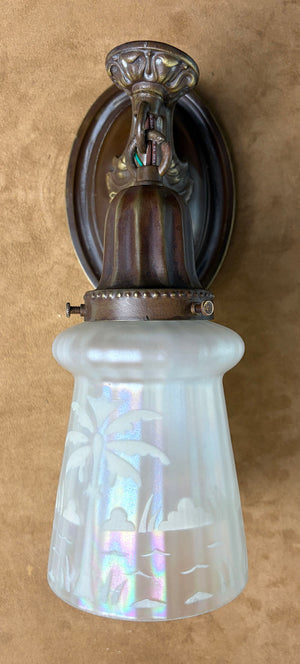 $750 PAIR - SET OF 4 SCONCES AVAILABLE - Circa 1920 Cast Acanthus Arm Oval Back Sconces with Original Iridescent Etched Shades