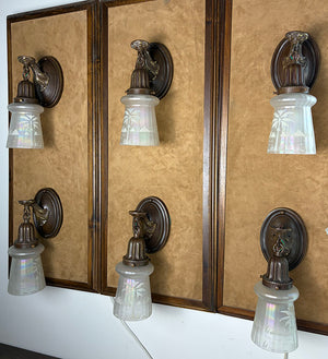 $750 PAIR - SET OF 4 SCONCES AVAILABLE - Circa 1920 Cast Acanthus Arm Oval Back Sconces with Original Iridescent Etched Shades