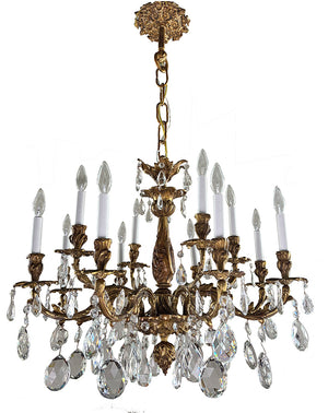 Grand 30" dia Rococo Revival French Antique Circa 1910 Twelve Light Cast Brass and Crystal Chandelier