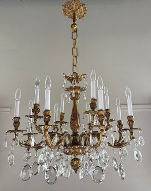 Grand 30" dia Rococo Revival French Antique Circa 1910 Twelve Light Cast Brass and Crystal Chandelier