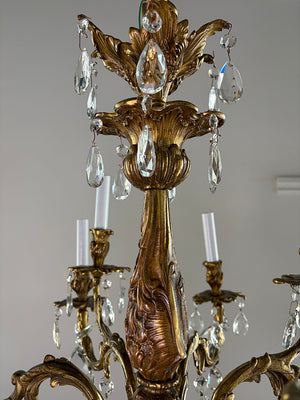 Grand 30" dia Rococo Revival French Antique Circa 1910 Twelve Light Cast Brass and Crystal Chandelier