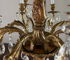 Grand 30" dia Rococo Revival French Antique Circa 1910 Twelve Light Cast Brass and Crystal Chandelier