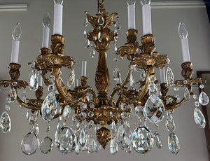 Grand 30" dia Rococo Revival French Antique Circa 1910 Twelve Light Cast Brass and Crystal Chandelier