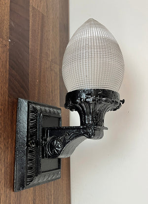 Antique Circa 1920 Cast Iron Exterior Light with Holophane Bullet Shade