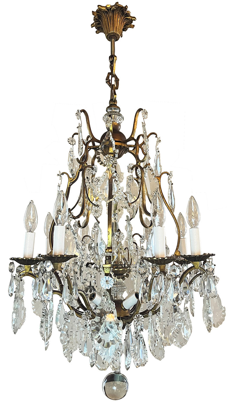 Grand 1920s Ten Light French Antique Brass and Crystal Chandelier