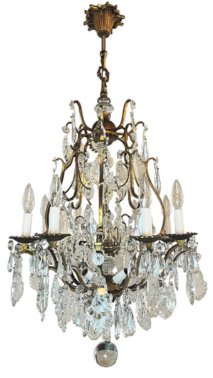 Grand 1920s Ten Light French Antique Brass and Crystal Chandelier