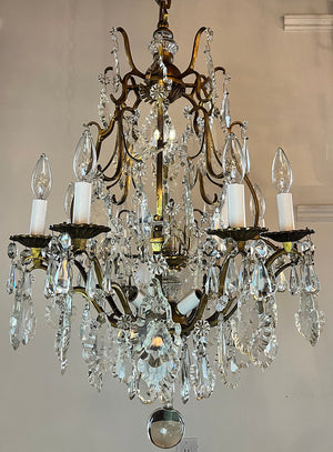 Grand 1920s Ten Light French Antique Brass and Crystal Chandelier