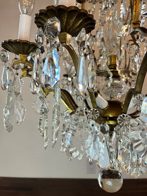 Grand 1920s Ten Light French Antique Brass and Crystal Chandelier