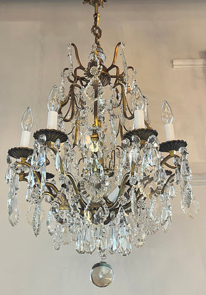 Grand 1920s Ten Light French Antique Brass and Crystal Chandelier