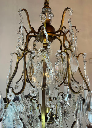 Grand 1920s Ten Light French Antique Brass and Crystal Chandelier